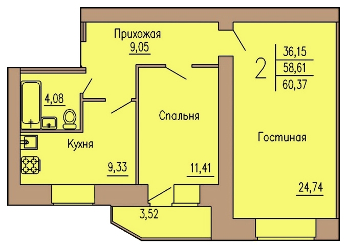 2-комнатная квартира, 60 кв.м.