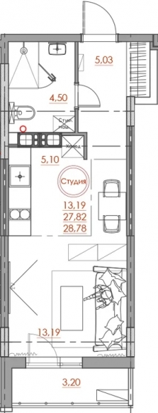 Квартира-студия, 28 кв.м.