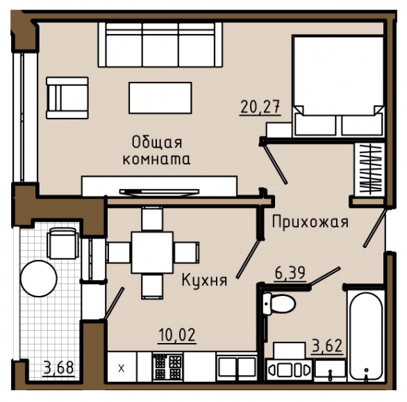 1-комнатная квартира, 44 кв.м.