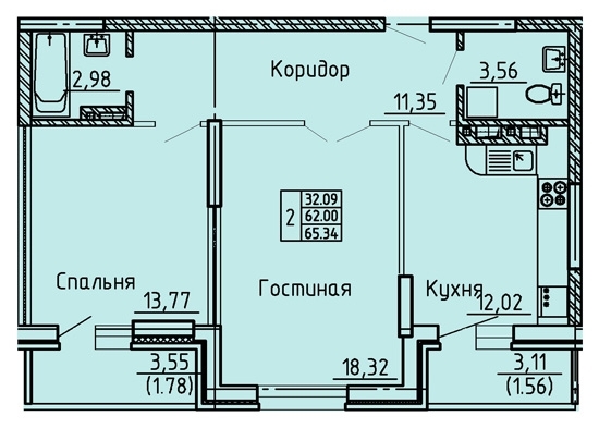 2-комнатная квартира, 65 кв.м.